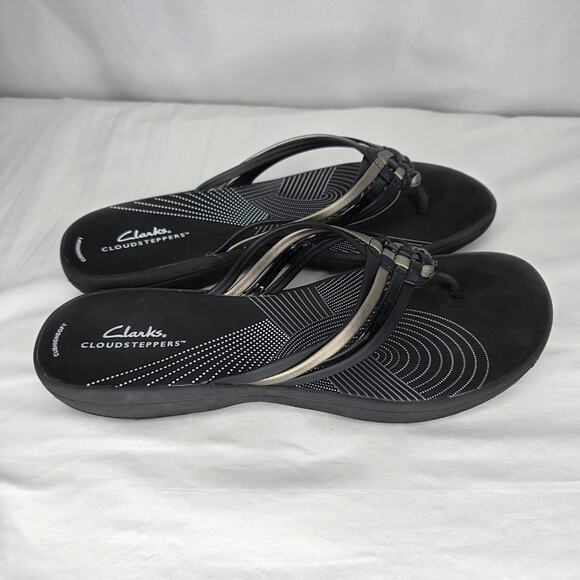 Clarks Cloudstepper Black & Pewter Slip On Strappy Braided Women's Summer Sandal - Picture 3 of 11